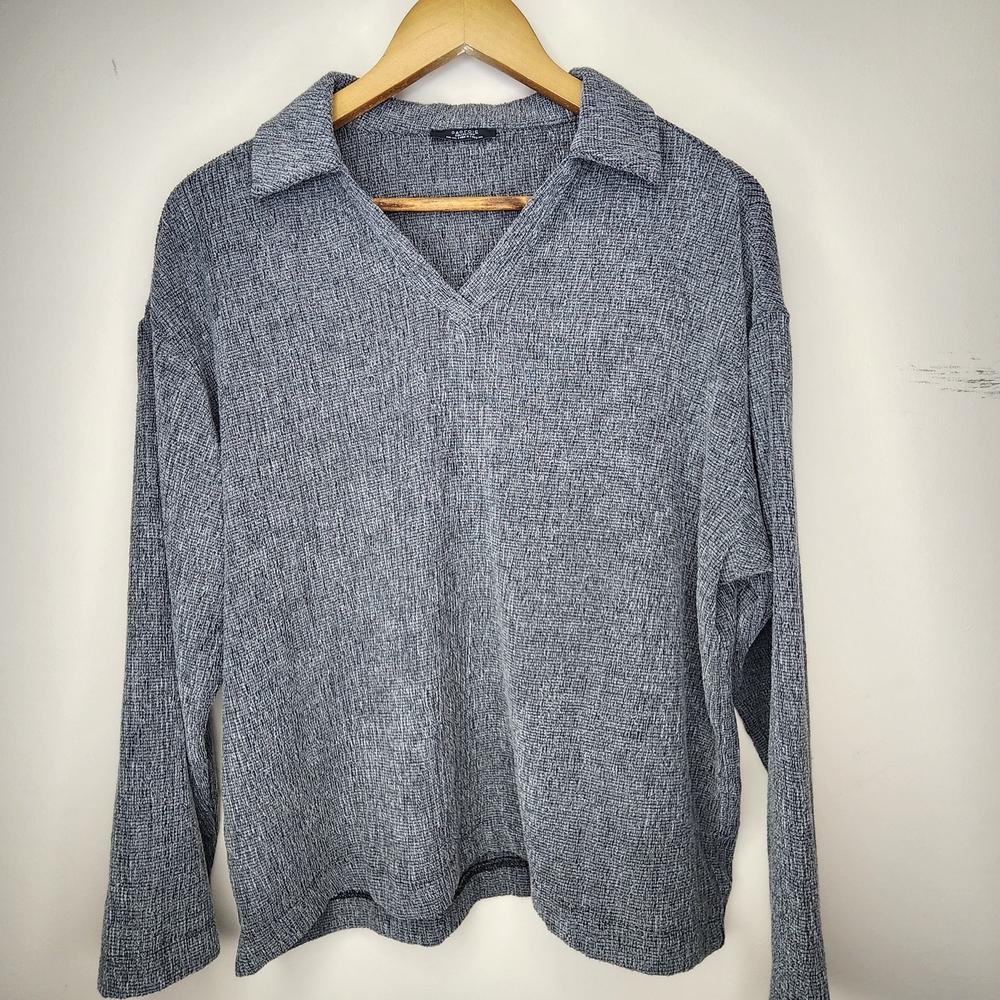 Gray V-Neck Collared Knit Top - Women